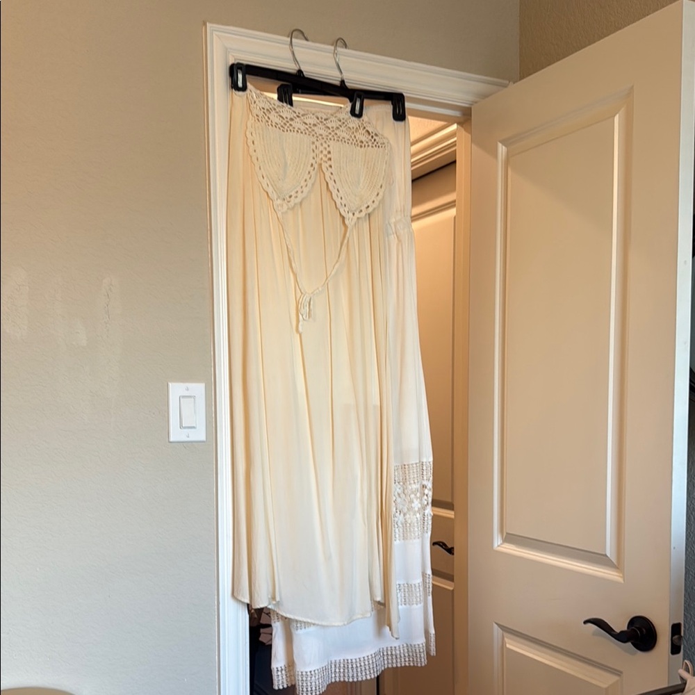 Cream Beach Chemise Summer Dress with Light Fabric & Crocheted Thin Straps